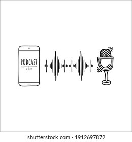 Microphone Headphones Podcast Doodle. Online Concept. Modern Scetch Vector Illustration For Blogger. Digital Background. Lettering Vector.