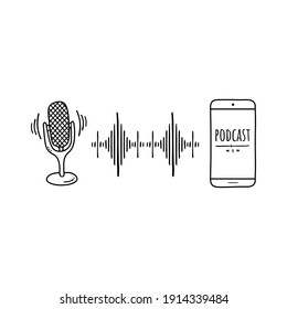 Doodle podcast de auriculares con micrófono. Concepto en línea. Dibujo vectorial moderno para blogger. Fondo digital. Vector de letras.