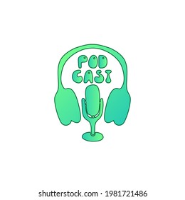 Microphone headphones podcast doodle. Online concept. Modern scetch vector illustration for blogger. Digital background. Lettering vector.