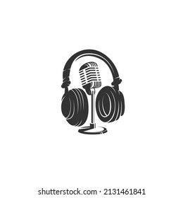 Microphone And Headphones, Podcast Silhouette Logo Design