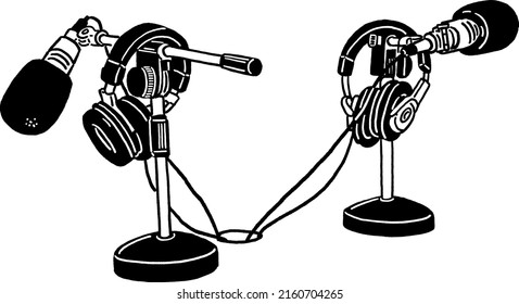 Microphone and Headphones Record Audio podcast equipment Interview Hand drawn Line art Illustration