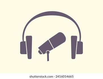 Microphone and headphones. Recording podcast shows. Radio presenter. Recording studio. Dj. Broadcast. Singer recording. Recorded conversation. Listen to the podcast. Music studio. Vector illustration.