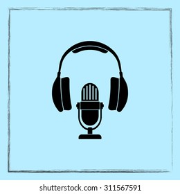 Microphone with headphones sign icon, vector illustration. Flat design style