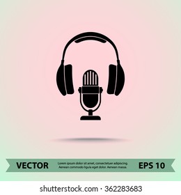 Microphone with headphones sign icon, vector illustration. Flat design style