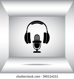 Microphone with headphones sign icon, vector illustration. Flat design style