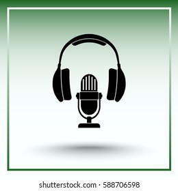 Microphone with headphones sign icon, vector illustration. Flat design style