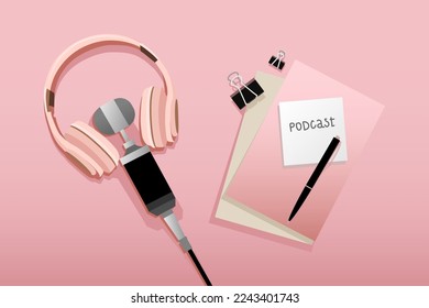 Microphone with headphones, stationery and paper sheet with text