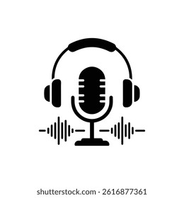 Microphone with Headphones and Waveform Representing Podcast and Audio Recording
