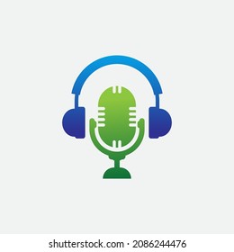 Microphone with headset design. Music or podcast logo.