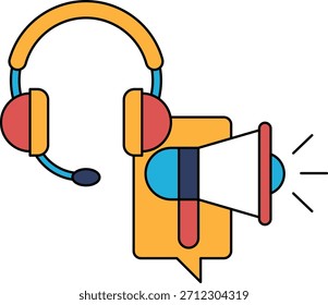 Ein Mikrofon und ein Headset sind in einer schwarz-weißen Zeichnung dargestellt. Das Mikrofon ist von einer Sprechblase umgeben, die ebenfalls schwarz-weiß ist. Szene ist eine von Kommunikation und Zusammenarbeit