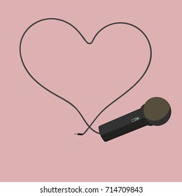 Microphone and heart made of its wire. Flat vector stock illustration