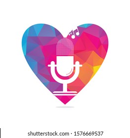 microphone heart shape concept logo design. Studio table microphone with broadcast icon design. Microphone logo.	