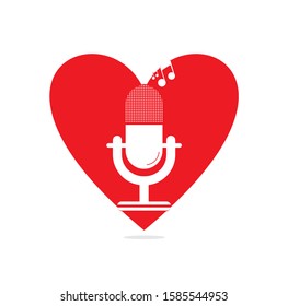 microphone heart shape concept logo design. Studio table microphone with broadcast icon design. Microphone logo.	