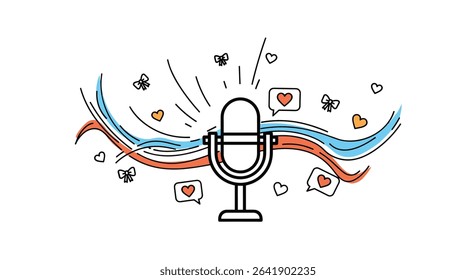 Microphone With Hearts Butterflies and Wavy Lines Illustration Art Design