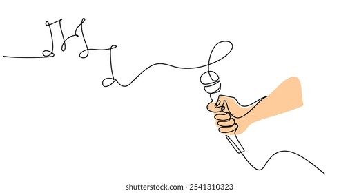 Microfone segurando. Desenho contínuo de uma linha que representa o conceito de entretenimento em design minimalista.