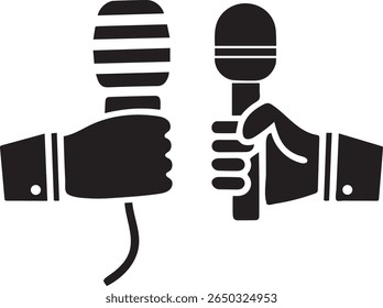 Microphone Holding Icon, mão com microfone, ferramenta de gravação de podcast, configuração da entrevista, arte de linha preta e branca para transmissão e comunicação visuais