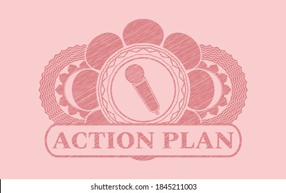 microphone icon and ACTION PLAN text Pink stroke emblem. Rose color luxurious background. Illustration. 