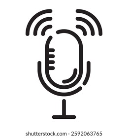 Microphone Icon, Audio Recording and Podcast Symbol, Black and White Outline Illustration Isolated on White Background