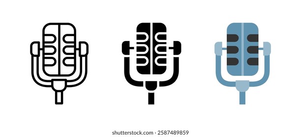 Microphone icon. Audio recording and voice sign. Sound and broadcast symbol. Studio and podcast pictogram. Professional music illustration. Communication technology concept.