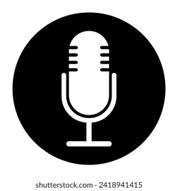 The microphone icon in a black circle isolated on a white background. Logo, application, user interface. Podcast radio icon. Studio microphone table broadcast. Recording Studio.Voice vector icon.