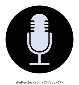 The microphone icon in a black circle isolated on a white background. Logo, application, user interface. Podcast radio icon. Studio microphone table broadcast. Recording Studio.Voice vector icon.