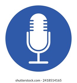 The microphone icon in a blue circle isolated on a white background. Logo, application, user interface. Podcast radio icon. Studio microphone table broadcast. Recording Studio. Voice vector icon.