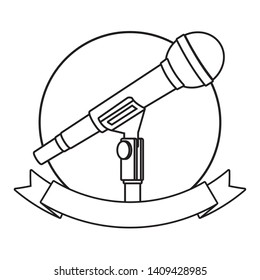 microphone icon cartoon isolated with ribbon round icon black and white vector illustration graphic design
