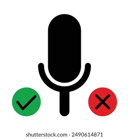 Microphone icon and check and cross mark icon. flat podcast radio sign. podcast maintenance repair fix and not fix, accept and denied