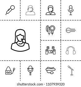 Microphone icon. collection of 13 microphone outline icons such as customer support, support, audio system, musical instrument. editable microphone icons for web and mobile.