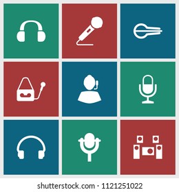 Microphone icon. collection of 9 microphone filled icons such as headset, musical instrument, audio system. editable microphone icons for web and mobile.