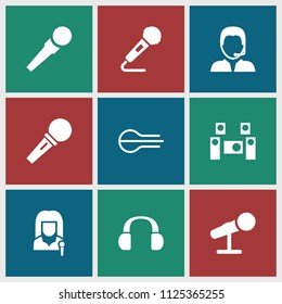 Microphone icon. collection of 9 microphone filled icons such as support, audio system, woman speaker, headset. editable microphone icons for web and mobile.