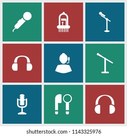 Microphone icon. collection of 9 microphone filled icons such as musical instrument, support. editable microphone icons for web and mobile.