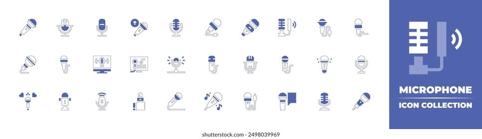 Microphone icon collection. Duotone style line stroke and bold. Vector illustration. Containing microphone, podcast, opinion, upload, karaoke, interview.