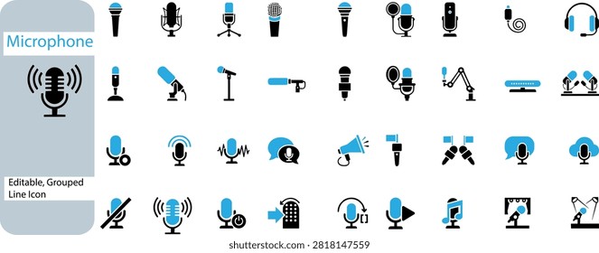 Microphone icon collection featuring professional audio equipment studio gear broadcasting tools recording gear on transparent background