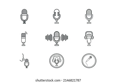 Microphone icon collection vector. Podcast microphone and headphone icon bundle. Sound equalizer with microphone, podcast system icons. Sound recorder and equalizer vector silhouette.