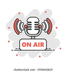 Microphone icon in comic style. Live broadcast vector cartoon illustration on white isolated background. On air business concept splash effect.