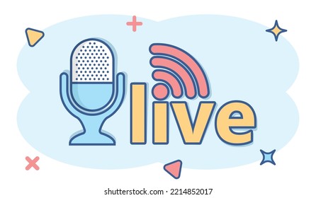 Microphone icon in comic style. Live broadcast vector cartoon illustration on white isolated background. Sound record business concept splash effect.