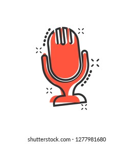 Microphone icon in comic style. Mic broadcast vector cartoon illustration pictogram.