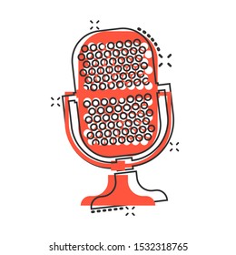 Microphone icon in comic style. Mic broadcast vector cartoon illustration pictogram. Microphone mike speech business concept splash effect.