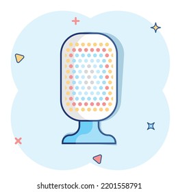 Microphone icon in comic style. Mic broadcast vector cartoon illustration pictogram. Microphone mike speech business concept splash effect.