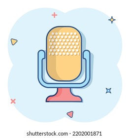 Microphone icon in comic style. Mic broadcast vector cartoon illustration pictogram. Microphone mike speech business concept splash effect.