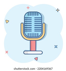 Microphone icon in comic style. Mic broadcast vector cartoon illustration pictogram. Microphone mike speech business concept splash effect.