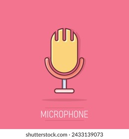 Microphone icon in comic style. Studio mike cartoon vector illustration on isolated background. Audio record splash effect business concept.