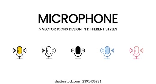 Diseño de iconos de micrófono en cinco estilos con pulsación editable. Línea, Sólido, Línea plana, Color de tono Duo y Línea de degradado de color. Adecuado para diseño de páginas Web, aplicaciones móviles, UI, UX y GUI.