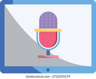 Icono de micrófono que se muestra en la pantalla de una tableta sobre un fondo azul.