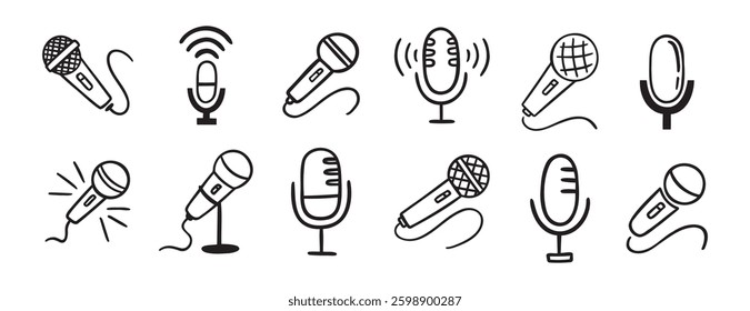 microphone icon doodle hand drawn set. Outline drawing microphone line clipart symbol collection. Vector illustration