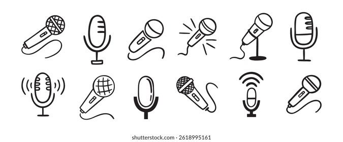 Icono de micrófono doodle dibujado a mano conjunto. Colección de Clipart de línea de micrófono de dibujo de contorno. Ilustración vectorial