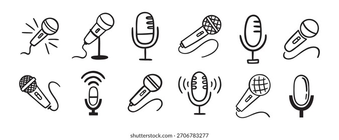 Icono de micrófono doodle dibujado a mano conjunto. Colección de Clipart de línea de micrófono de dibujo de contorno. Ilustración vectorial