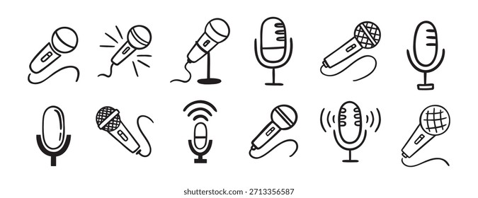 Icono de micrófono doodle dibujado a mano conjunto. Colección de Clipart de línea de micrófono de dibujo de contorno. Ilustración vectorial