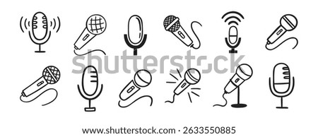 microphone icon doodle hand drawn set. Outline drawing microphone line clipart symbol collection. Vector illustration